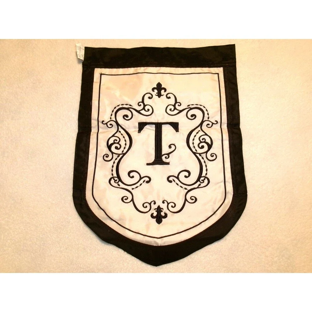 Evergreen Flag Monogram Letter T Embroidered Applique Beige & Black 12x17 inches